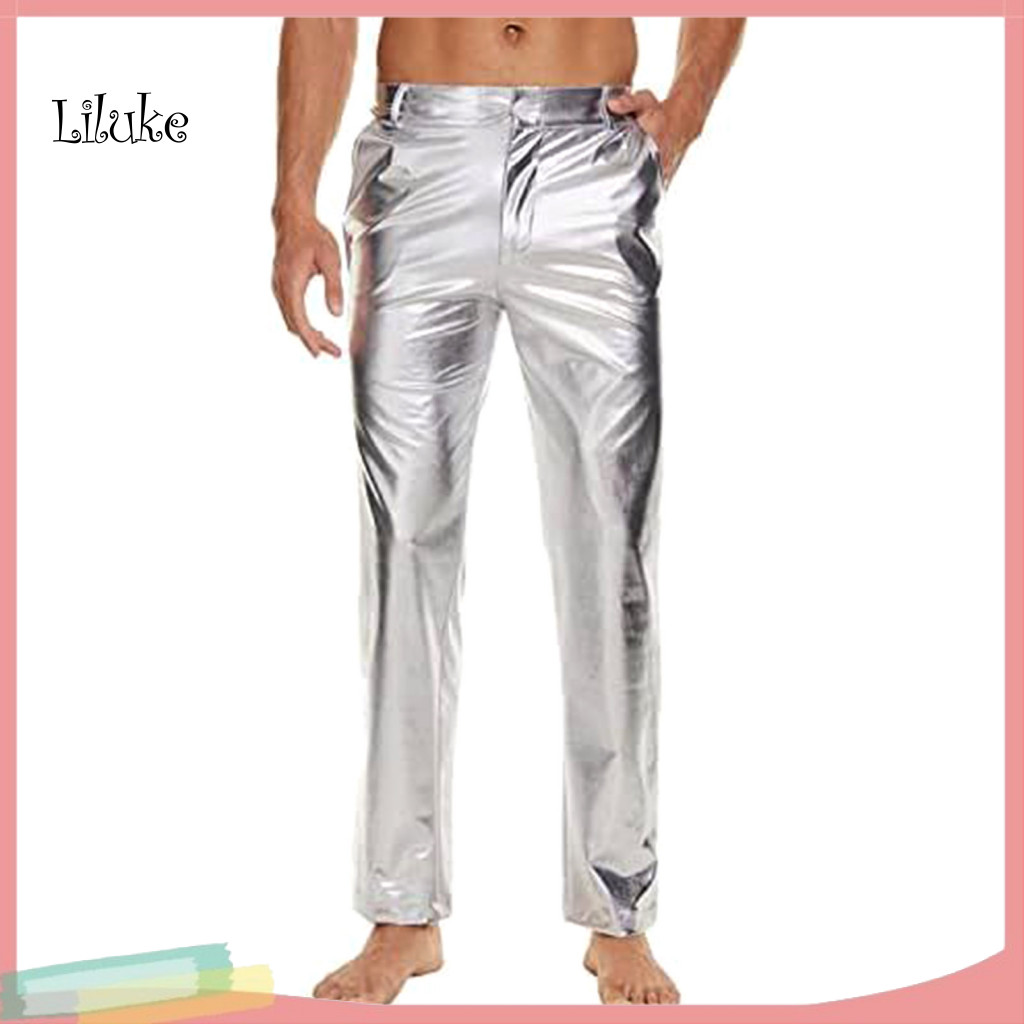 Lightweight Men Trousers Everyday Wear Pants Men’s Mid-rise Shiny with Button Zipper Fly Reinforced Pockets Solid Colo