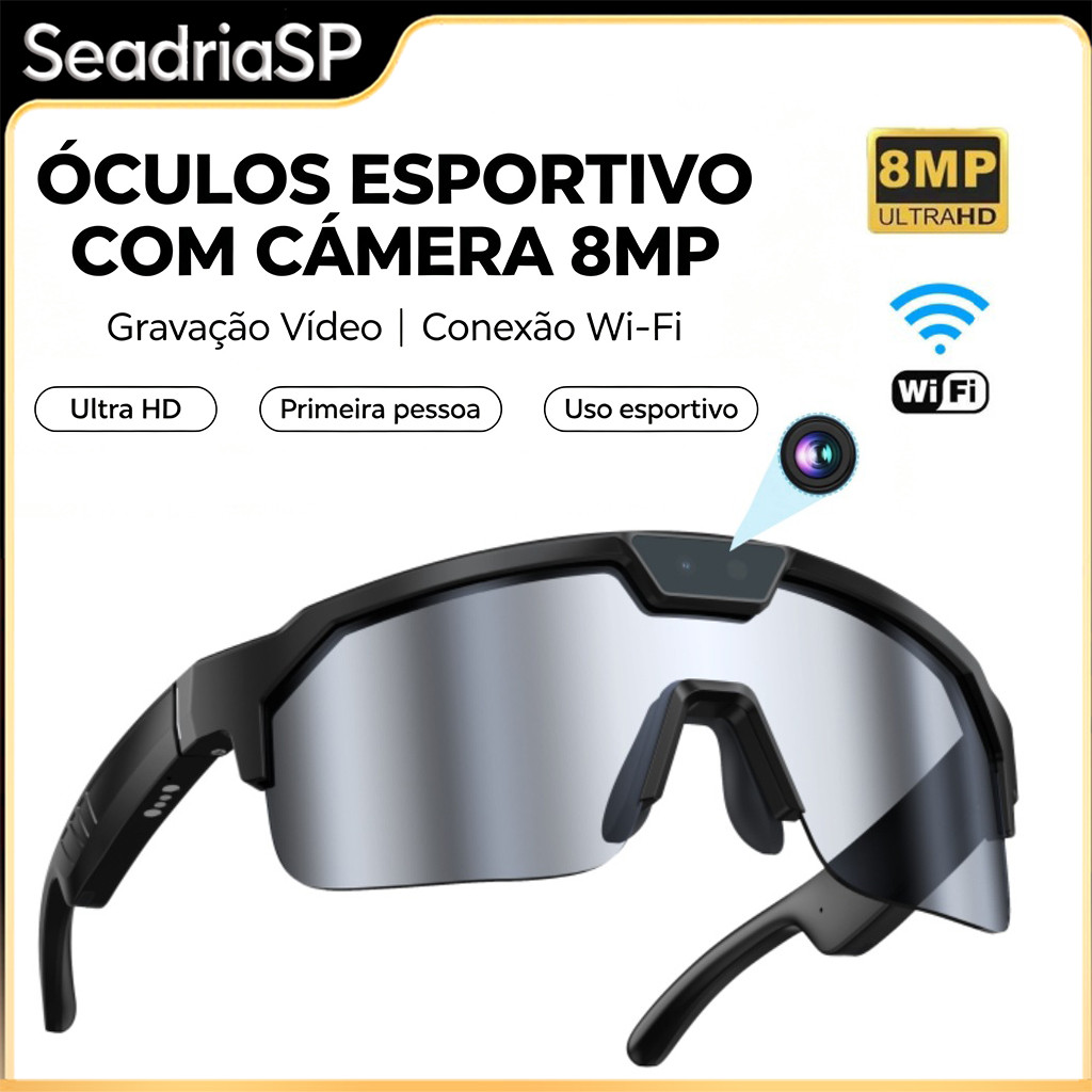 Óculos de Sol Inteligente com Câmera 8MP Ultra HD, Conexão Wi-Fi para Gravação