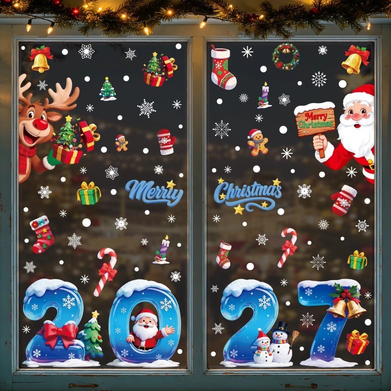 3-1Set 2027 Adesivo De Janela De Natal-Decoração De Feliz Decalque De Vidro De Boneco De Neve De Papai Noel-Suprimentos
