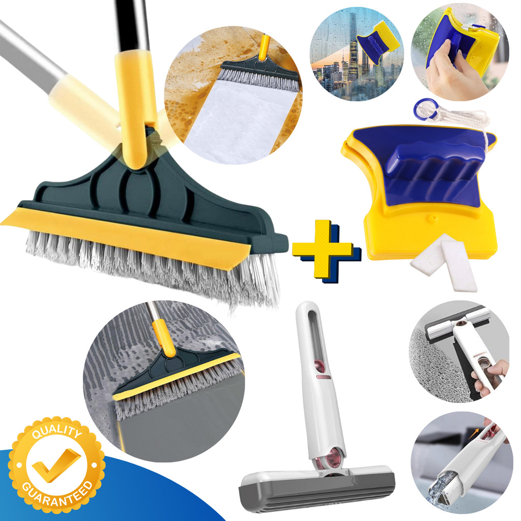 Escova Esfregão Limpeza 2x1 Vassoura Rodo Banheiro Box + Limpa Vidros Magnético + Mini MOP MULTIUSO