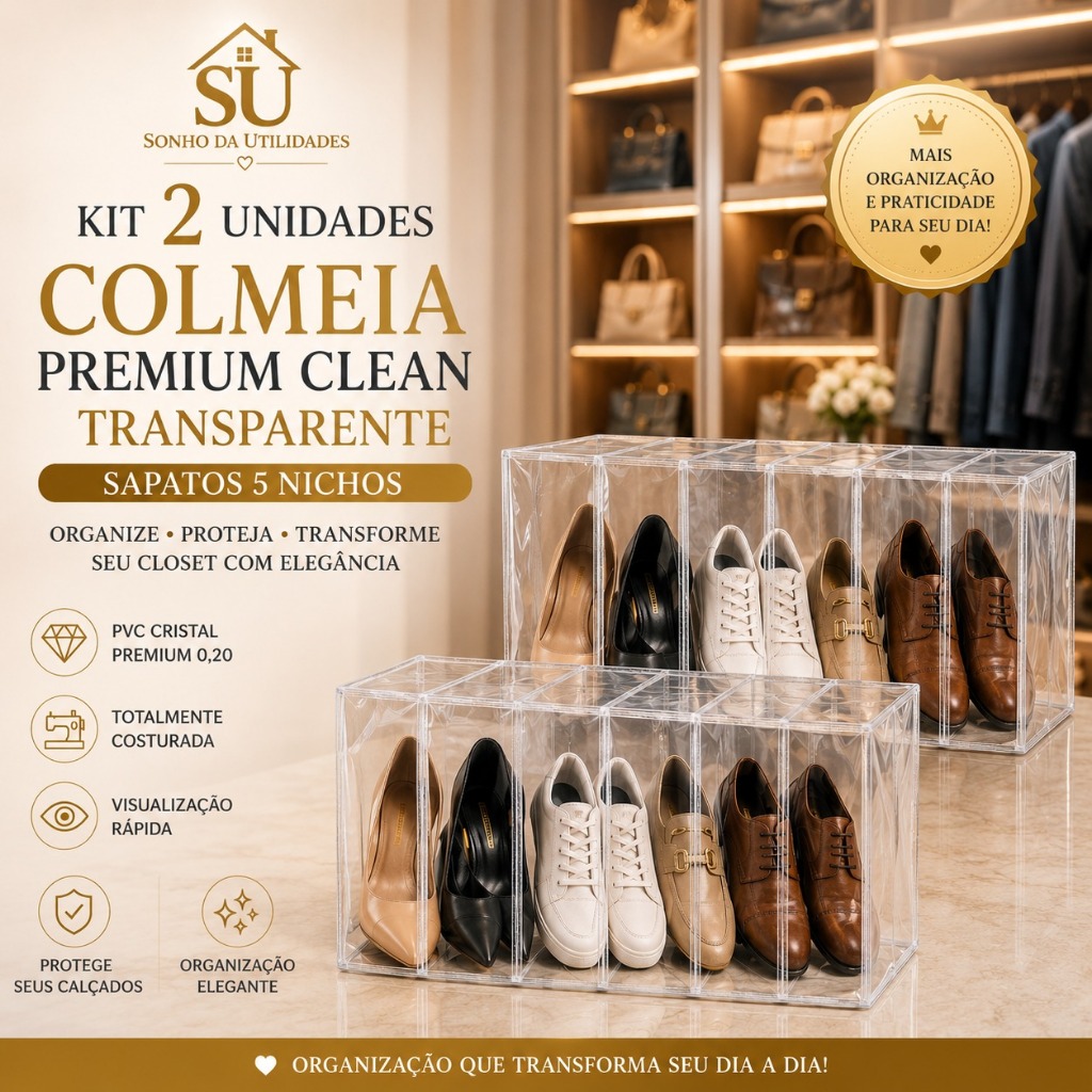 Colmeia Organizadora Premium Clean Transparente para Sapatos 5 Nichos PVC Cristal 0,20 - SU Sonho