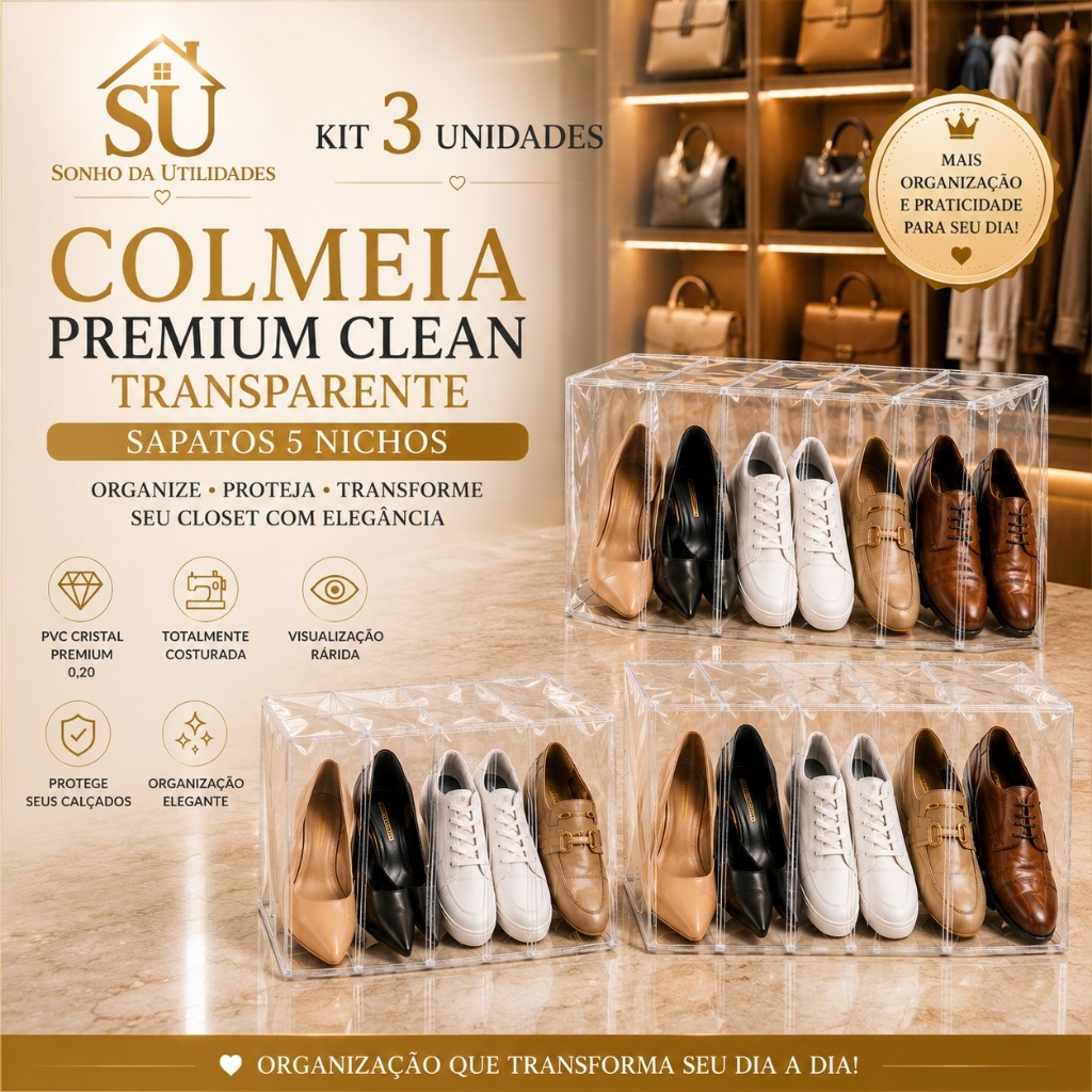 Kit 3 Colmeias Organizadoras Premium Clean Transparente para Sapatos 5 Nichos PVC Cristal 0,20 - SU