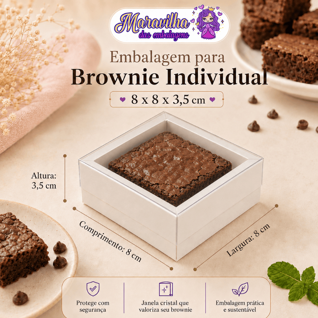 Embalagem para Brownie Individual com tampa em PVC Crystal - 08x08x3,5cm - Pacotes com 20 unidades