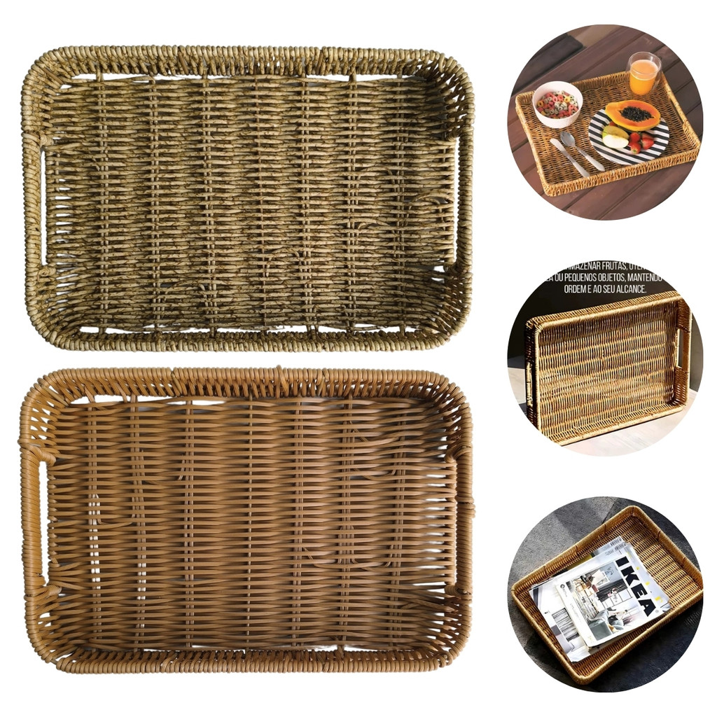 Bandeja Retangular PVC Trançado Pão Frutas Para Servir 30cm