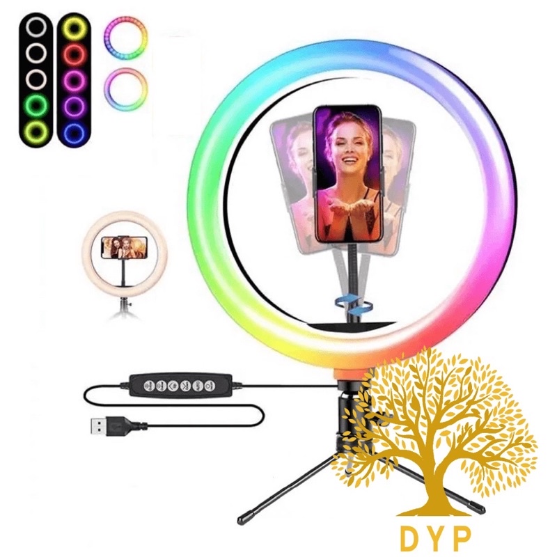 Iluminador Ring Light 20cm 8 polegadas RGB Colorida LED Suporte Celular Tripé 14 cm