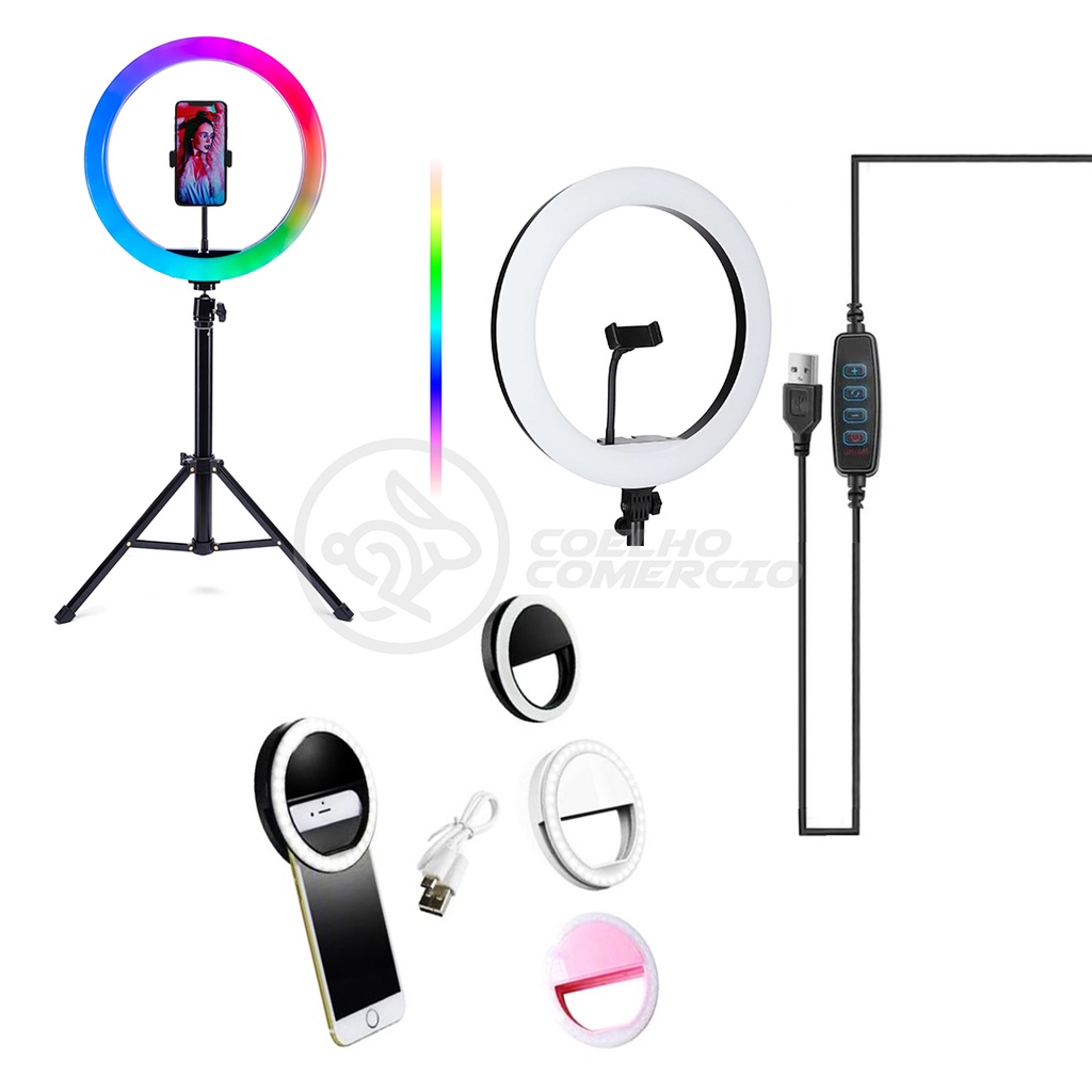 Kit Ring Light RGB com Suporte de Celular, Tripé 1,5m e Mini Ring Light de Celular