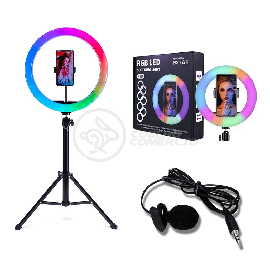 Kit Ring Light RGB com Suporte para Celular, Tripé 1,5m e Lapela Conjunto Youtuber Completo