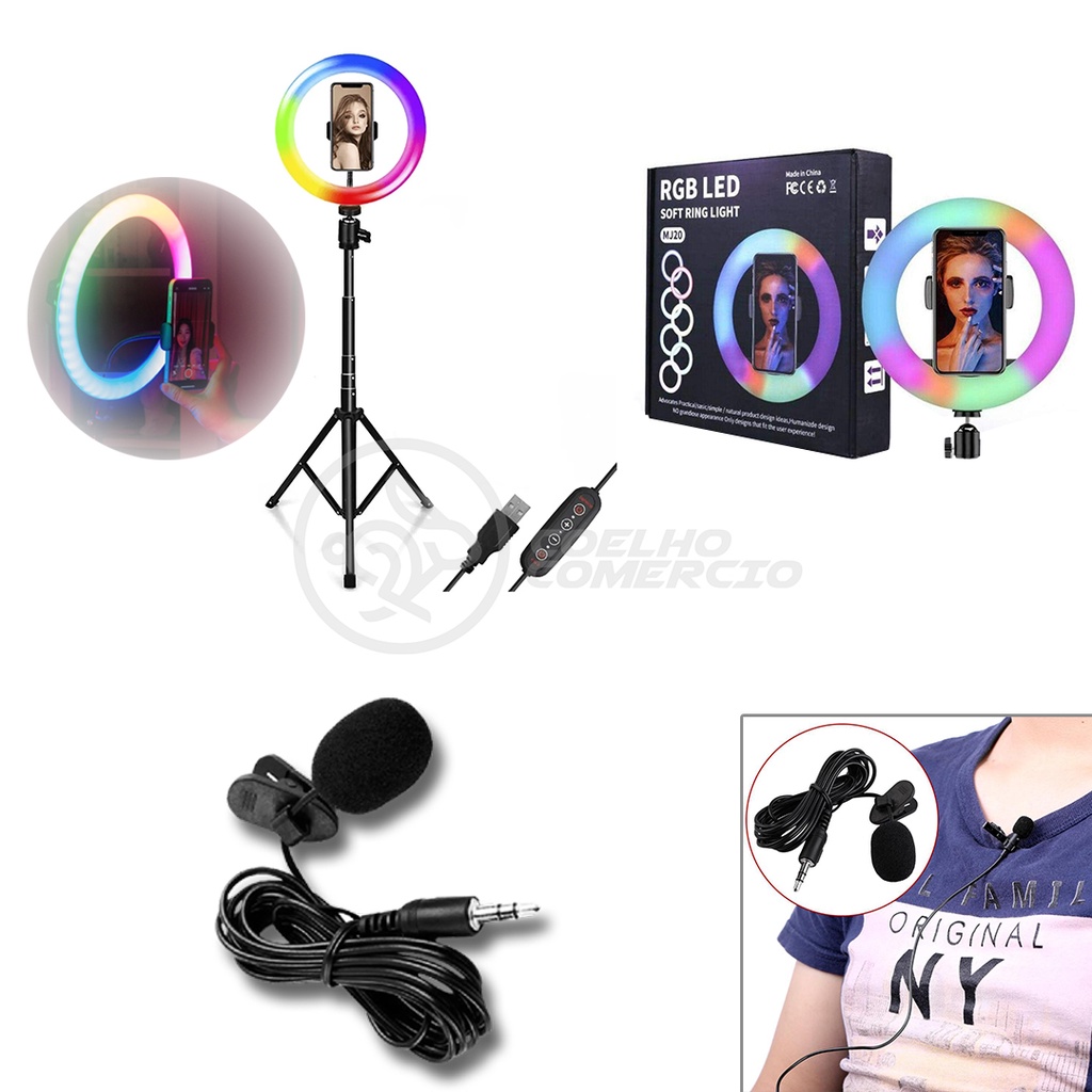Kit Gravação Profissional - Ring Light RGB com Suporte de Cel, Tripé 1,5m e Microfone Lapela