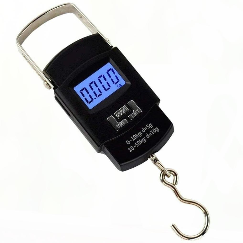 Balança digital portátil com gancho em inox — 10g–50kg, LCD iluminado