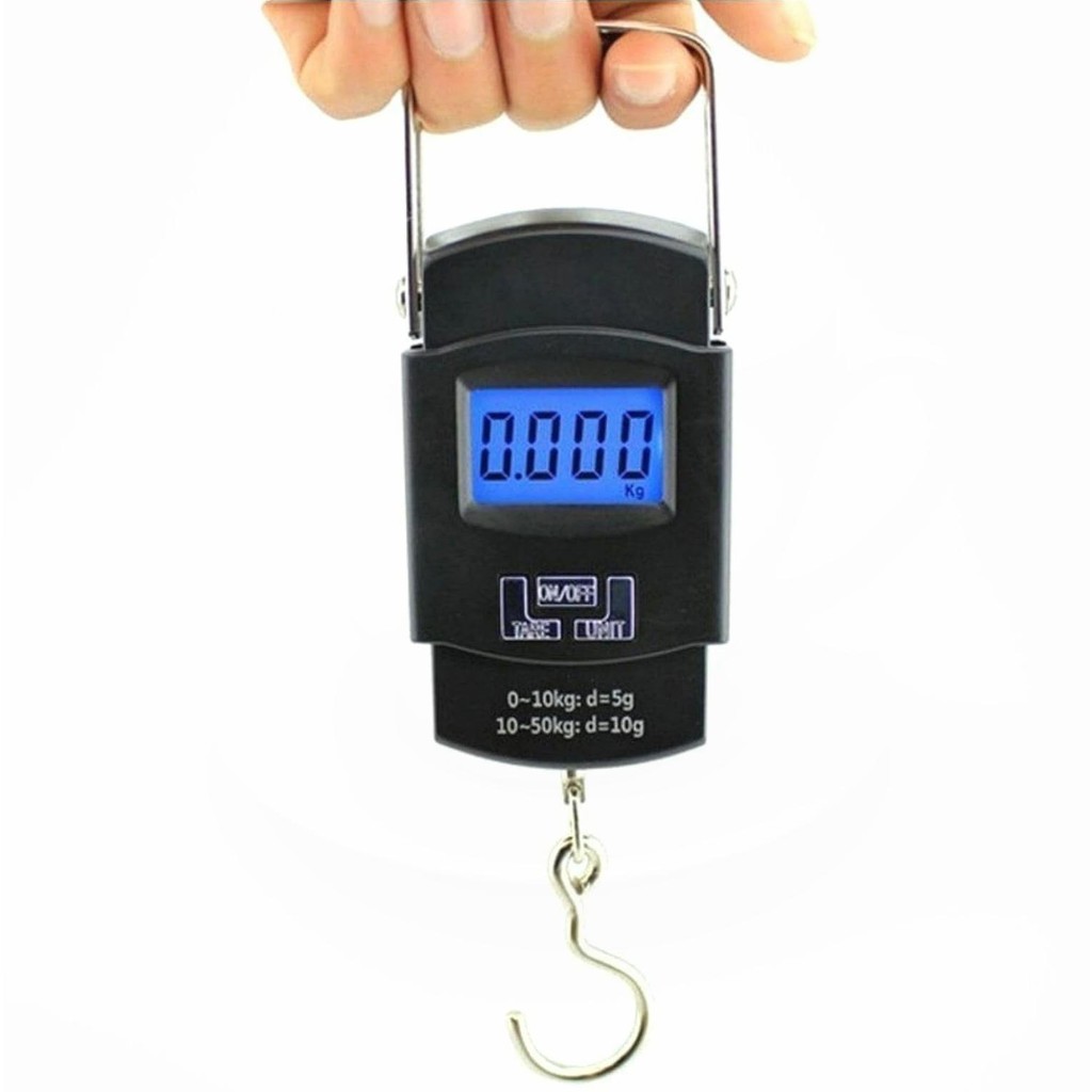 Balança digital de mão com alça ergonômica — 50kg, LCD, portátil