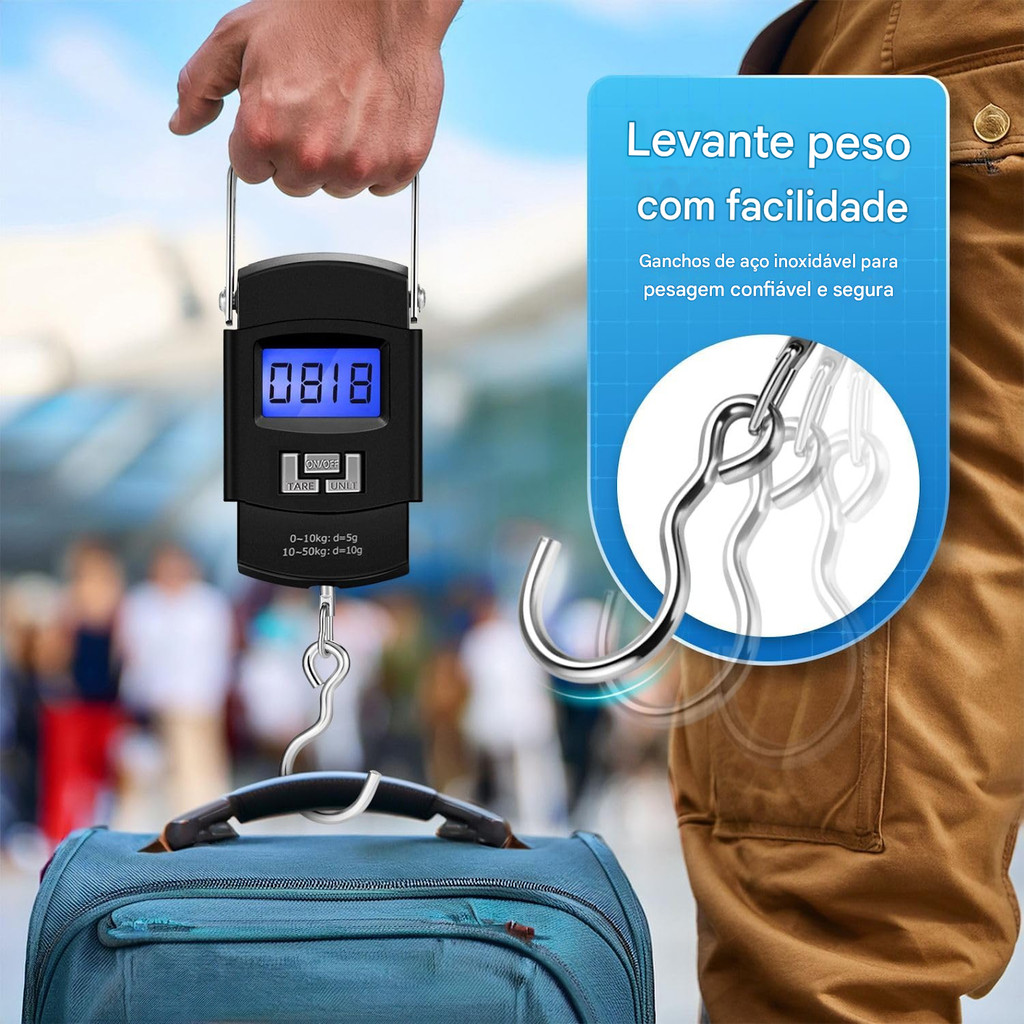 Balança Digital para Malas até 50kg Precisão de 0.1kg LCD ABS Evite Excesso de Bagagem