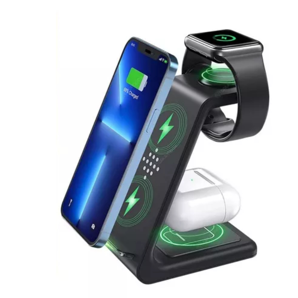 Base Carregador Indução Rápido 3 Em 1 Wireless Sem Fio 15w