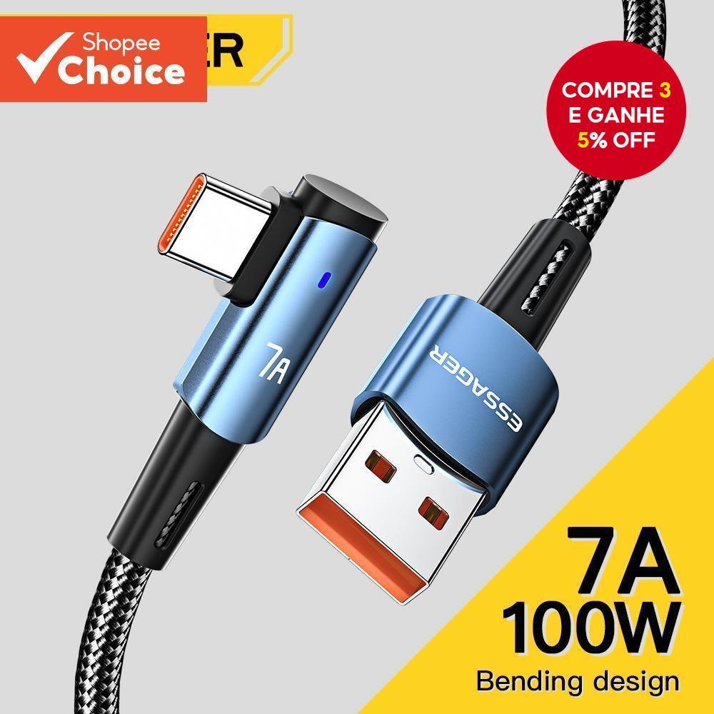 Essager 7A Cabo USB Tipo C 90 Graus Para OPPO 100W De Charing Rápido Honor Huawei Oneplus Realme Carregador Angular Fio