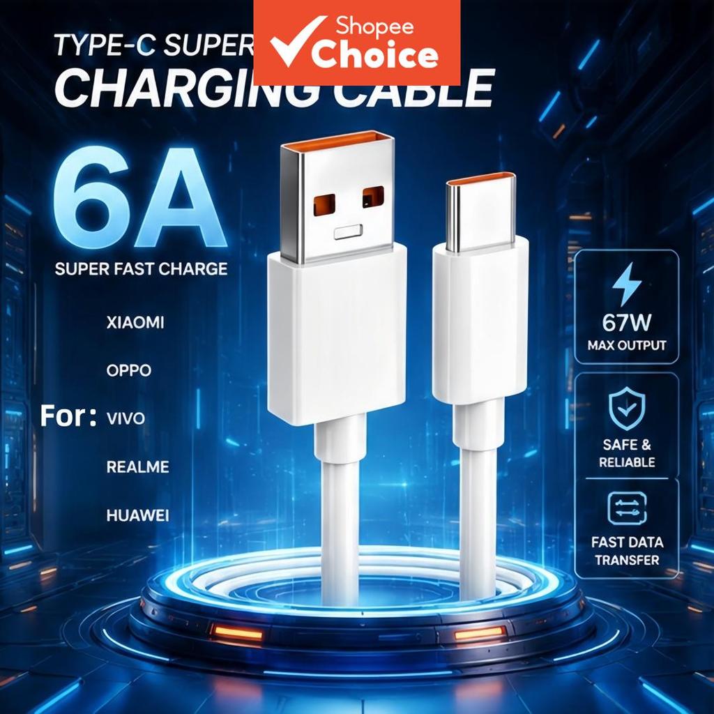 Cabo de carregamento rápido USB Type-C 6A para Xiaomi 15 14 Huawei Oppo