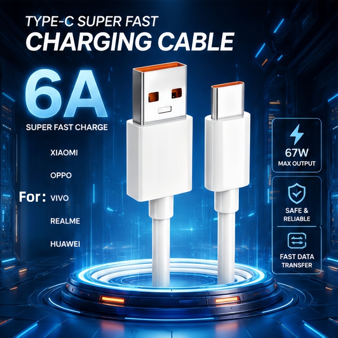 Cabo de carregamento rápido Type-C 6A para Xiaomi 15 14 Huawei Oppo