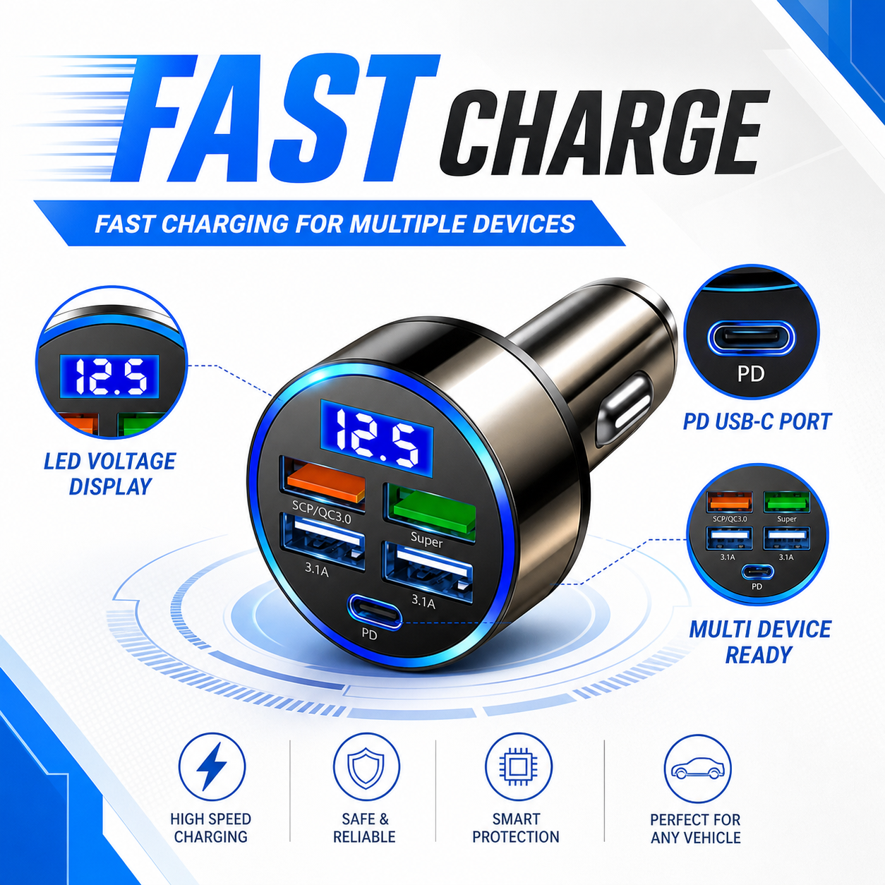 Adaptador De Carregador De Carro Super Rápido PD Duplo 12-24V Display De Tensão Adequado Para IPhone OPPO Samsung Huawei