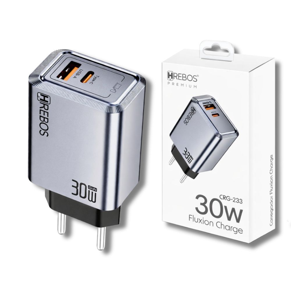 Carregador Fonte Turbo PD 30W Duplo USB C e USB Para Moto G14 G24 G34 G54 G55 G75 G84 G85 G86 HREBOSCRG-261