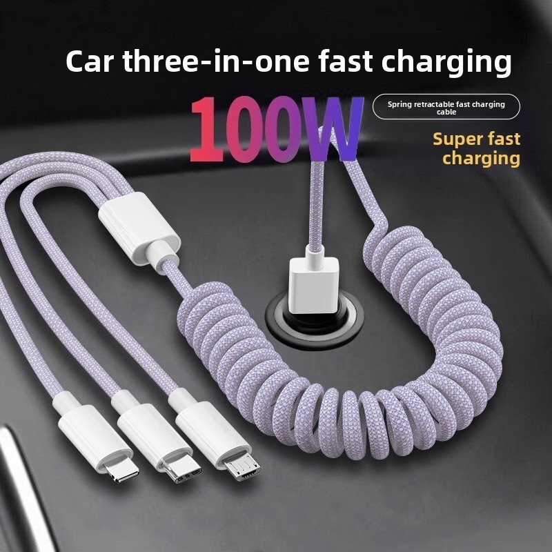 Macaron Spring One para três cabos de dados de celular para carro extensível 240W mola quatro em um cabo de carregamento