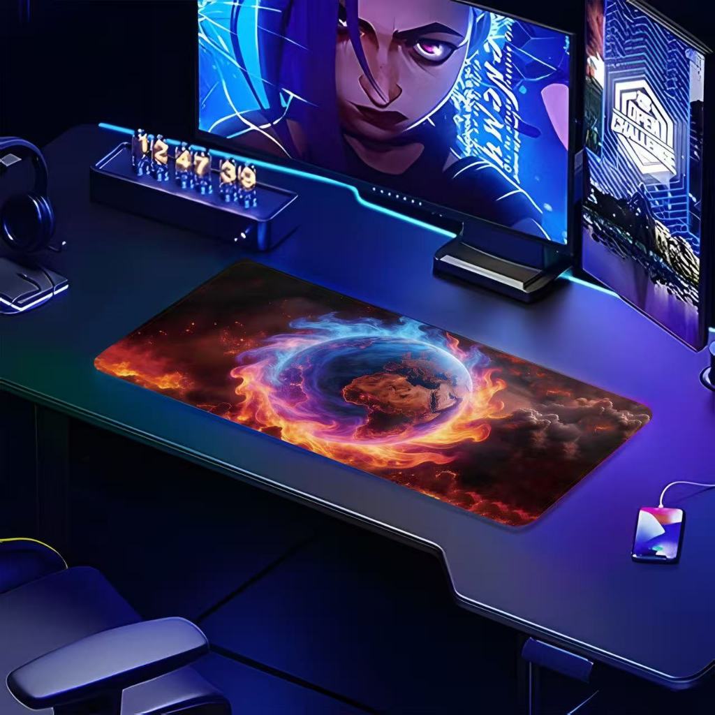 Mouse Pad Gamer Grande RGB Terra Fogo 80x30cm Antiderrapante e Confortável