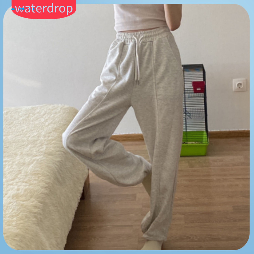 Women’s High Waist Elastic Sport Pants with Adjustable Drawstring Wide Leg Fitness Trousers Long Workout Pockets – C