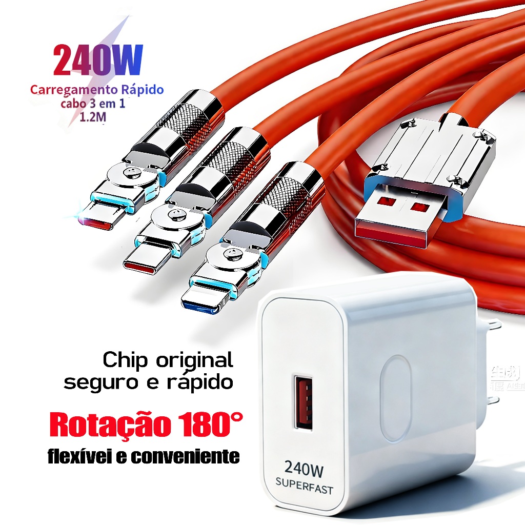 Cabo 3 em 1 Carregamento Rápido, 1.2M – Para iPhone 11-15, Samsung, Motorola, Xiaomi (Laranja/Preto/Azul)