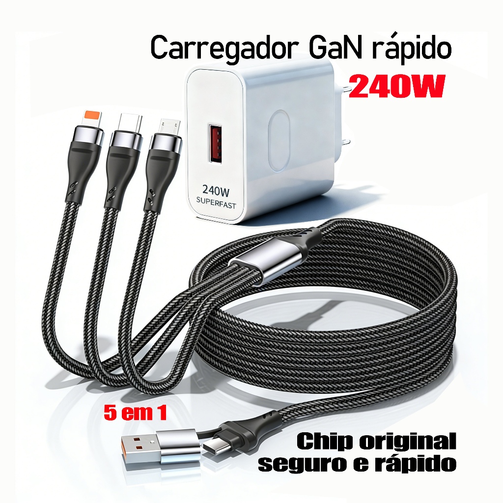 Cabo 5 em 1 Carregamento Rápido, 3 Opções: Apenas Cabo/Fonte/Combo | Para iPhone,Samsung,Xiaomi,Motorola