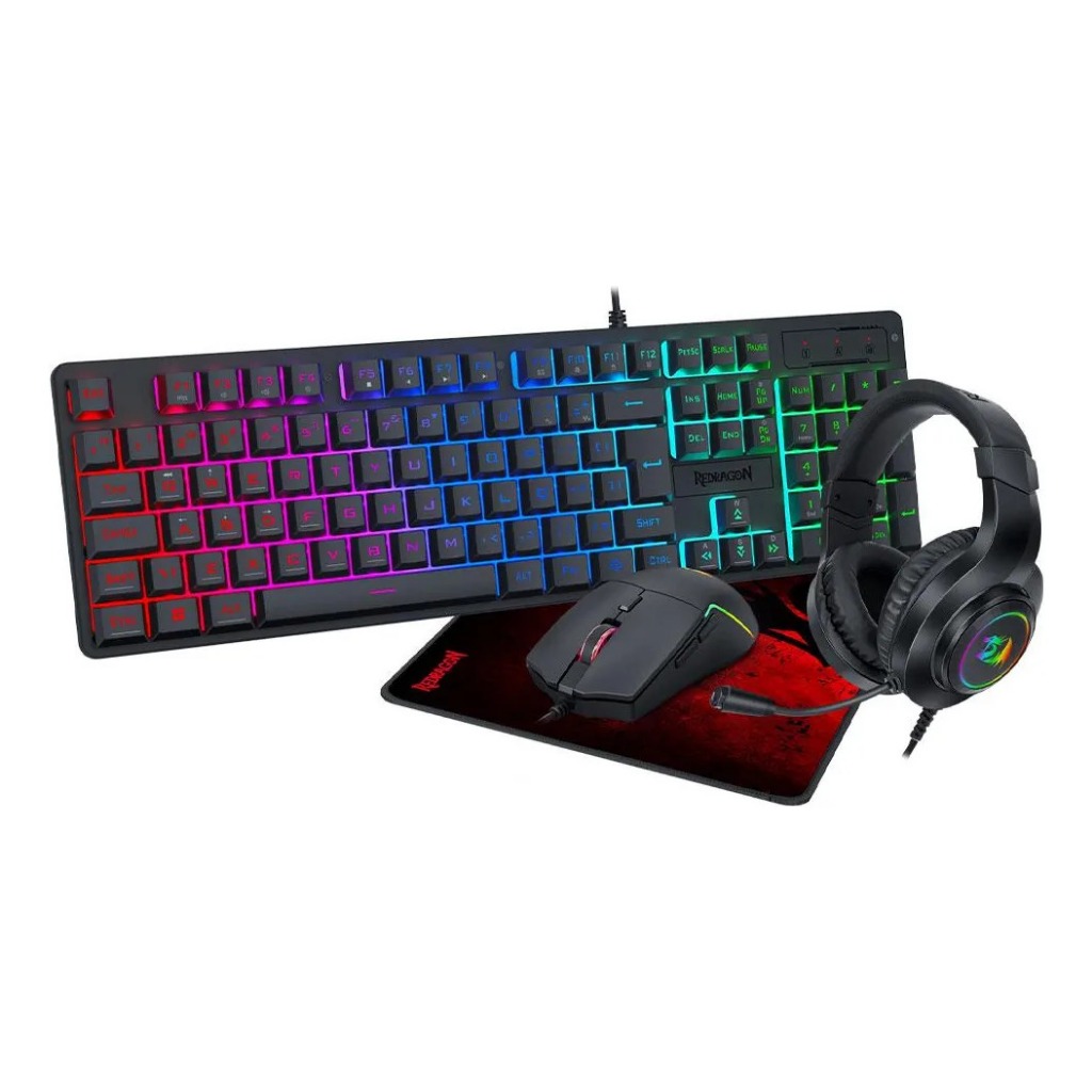 Kit Gamer Redragon Gaming Essentials S166 RGB 4-em-1 Teclado Membrana, Mouse, Mousepad e Headset