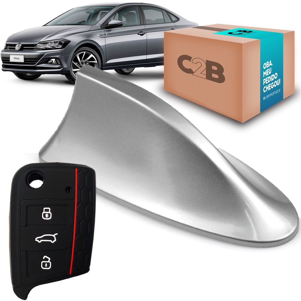 Kit antena Shark Barbatana Tubarão + Capinha de silicone chave canivete Vw Novo Polo Virtus T-cross