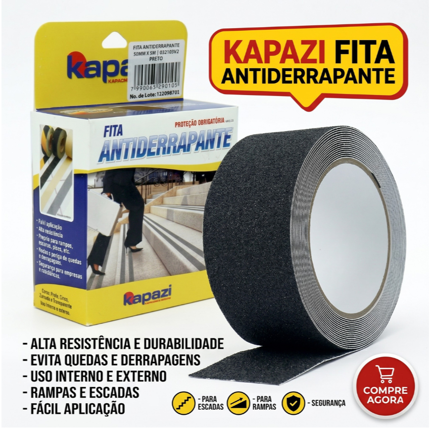 Fita Antiderrapante 50mm x 5m Preto Resistente Facil Aplicação Rampa Escada Seguro Kapazi