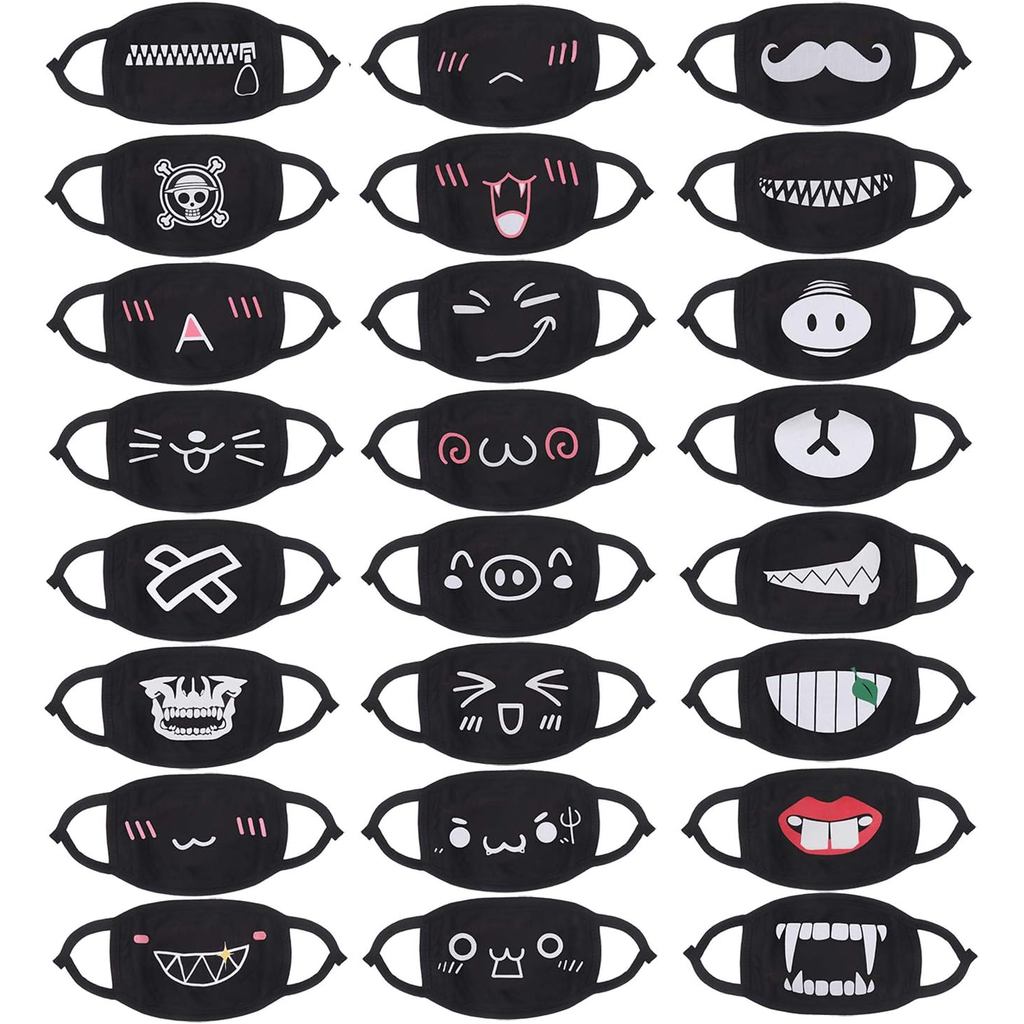 24pcs Kawaii Cotton Mask, Unisex - Black Cartoon Mouth Mask