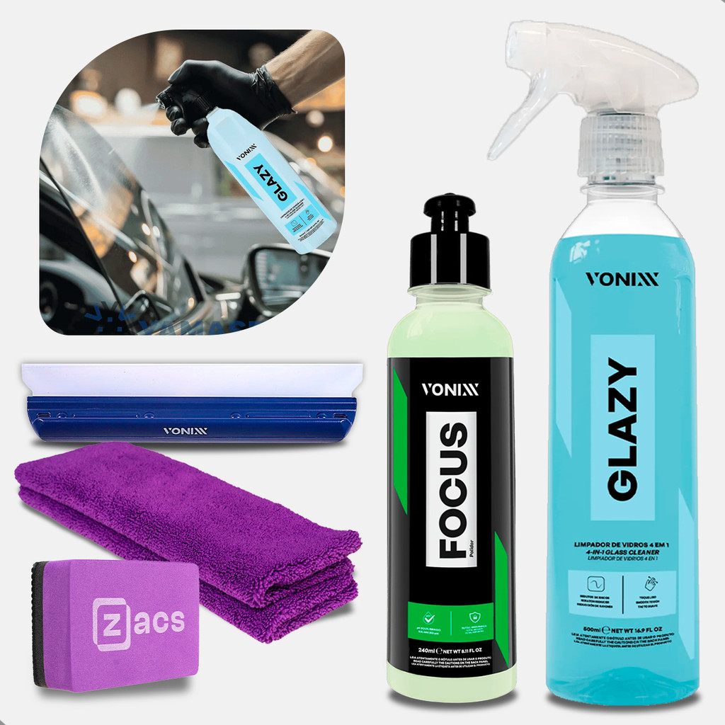 Kit Completo Vonixx e Zacs para Limpeza Profunda Proteção e Repelência de Vidros –Glazy Focus Clay Bar e Acessórios