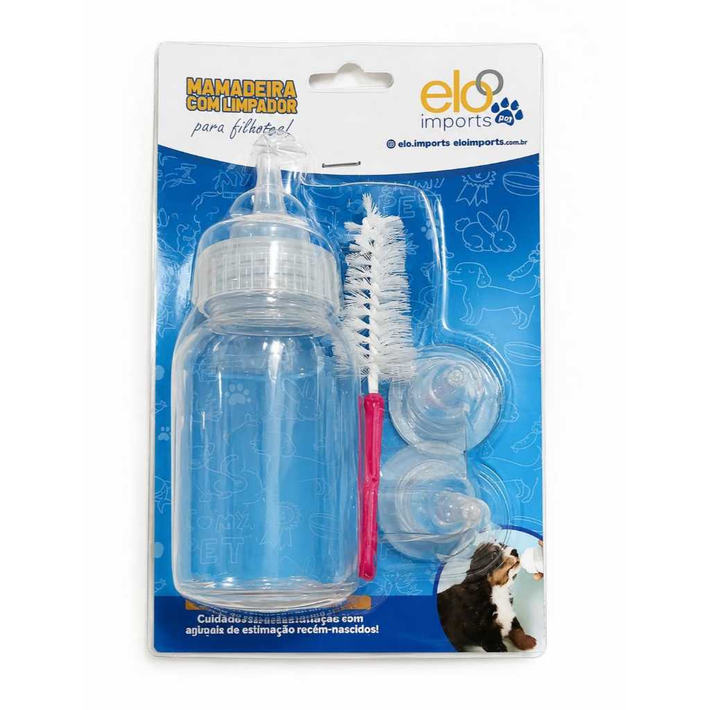 Mini Mamadeira Especial 120ml Filhotes Cães e Gatos Com 3 Bicos de Silicone + Escovinha De Limpeza