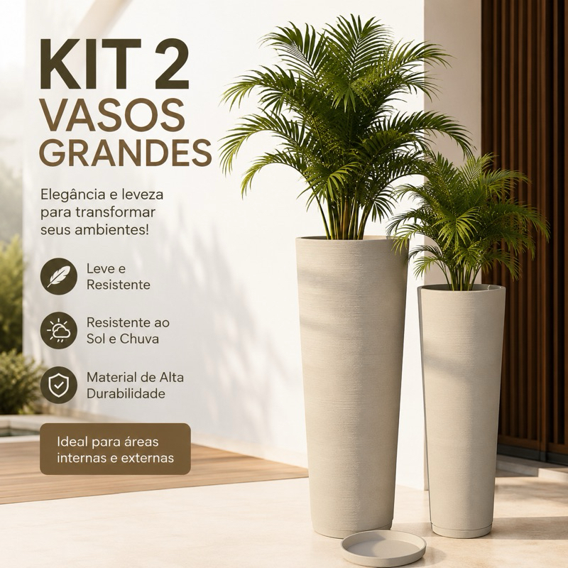 Kit 2 Vasos de Polietileno para Plantas Grande Decorativo com Prato Coletor 59cm e 71cm