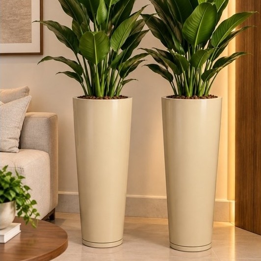 Kit 2 Vasos Grandes Altos 71cm para Plantas Decorativos de Chão Luxo Marmorizado Sala Hall Jardim com Prato Coletor