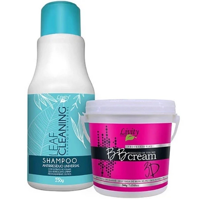 Kit Progressiva BB Cream 3D Capilar BTX Livity + Shampoo Antirresíduo Leaf Cleaning