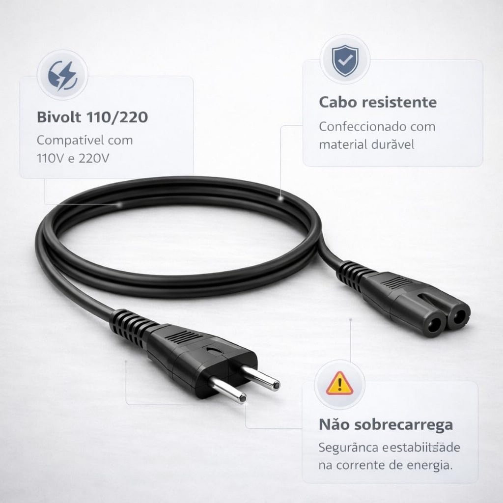 Cabo Força Bipolar Bivolt 1,5m TV Notebook Monitor Videogame Playstation Energia Universal