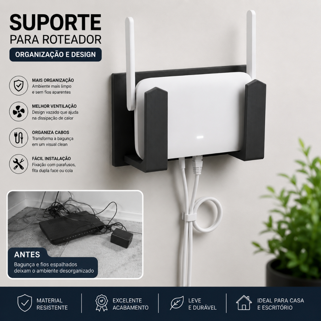 Suporte Roteador Parede Sem Furo Fita 3M Organizador WiFi Universal