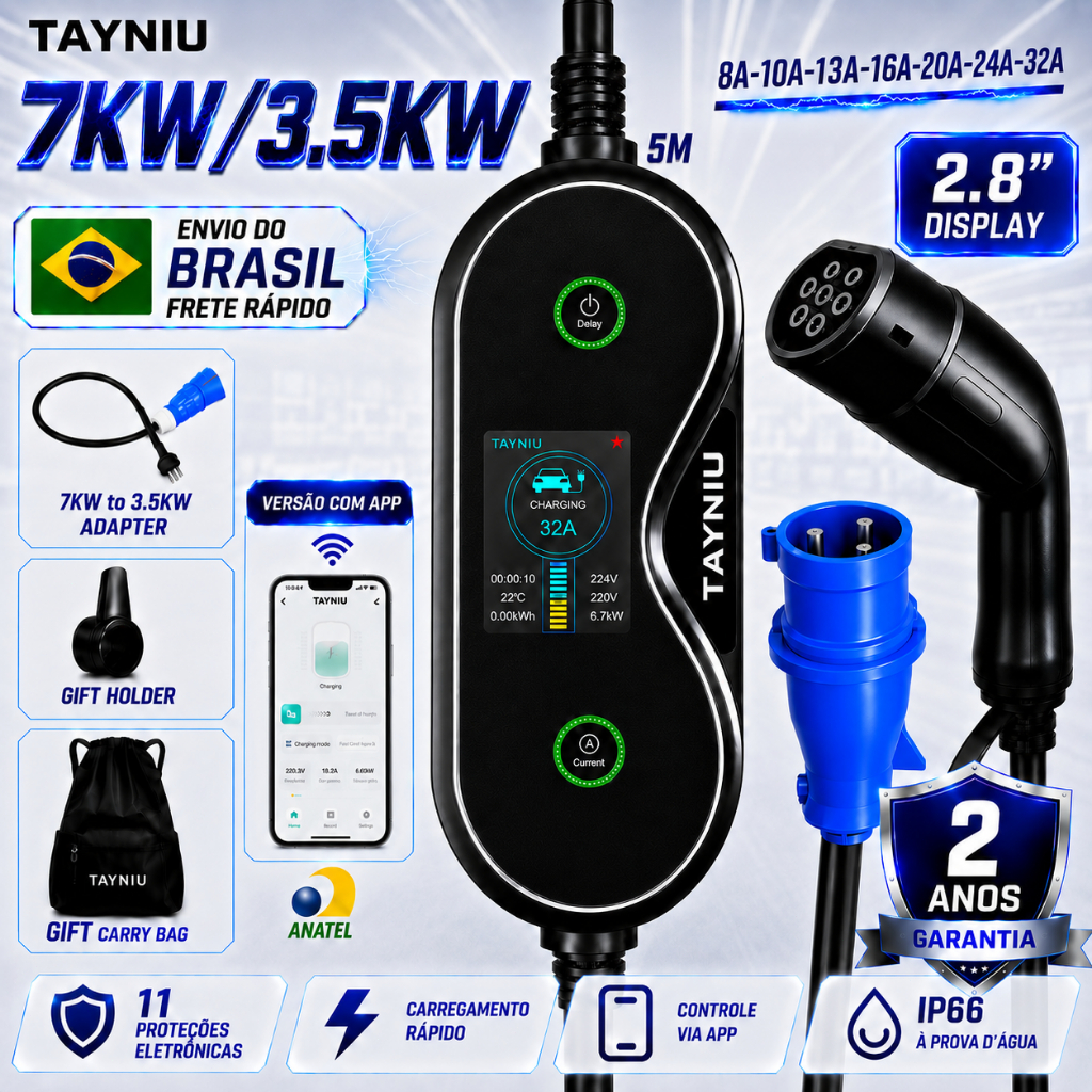 Carregador Portátil TAYNIU 7KW/3.5KW 5M Tipo 2 para Carro Elétrico Versão com App IP66 Carregador de parede