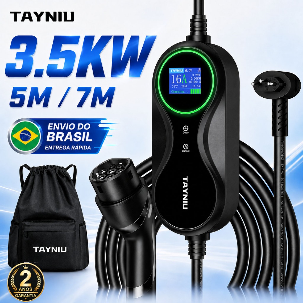 Carregador Portátil TAYNIU 3.5KW Tipo 2 com Cabo 5M/7M, IP66 à Prova d'Água para Carro Elétrico