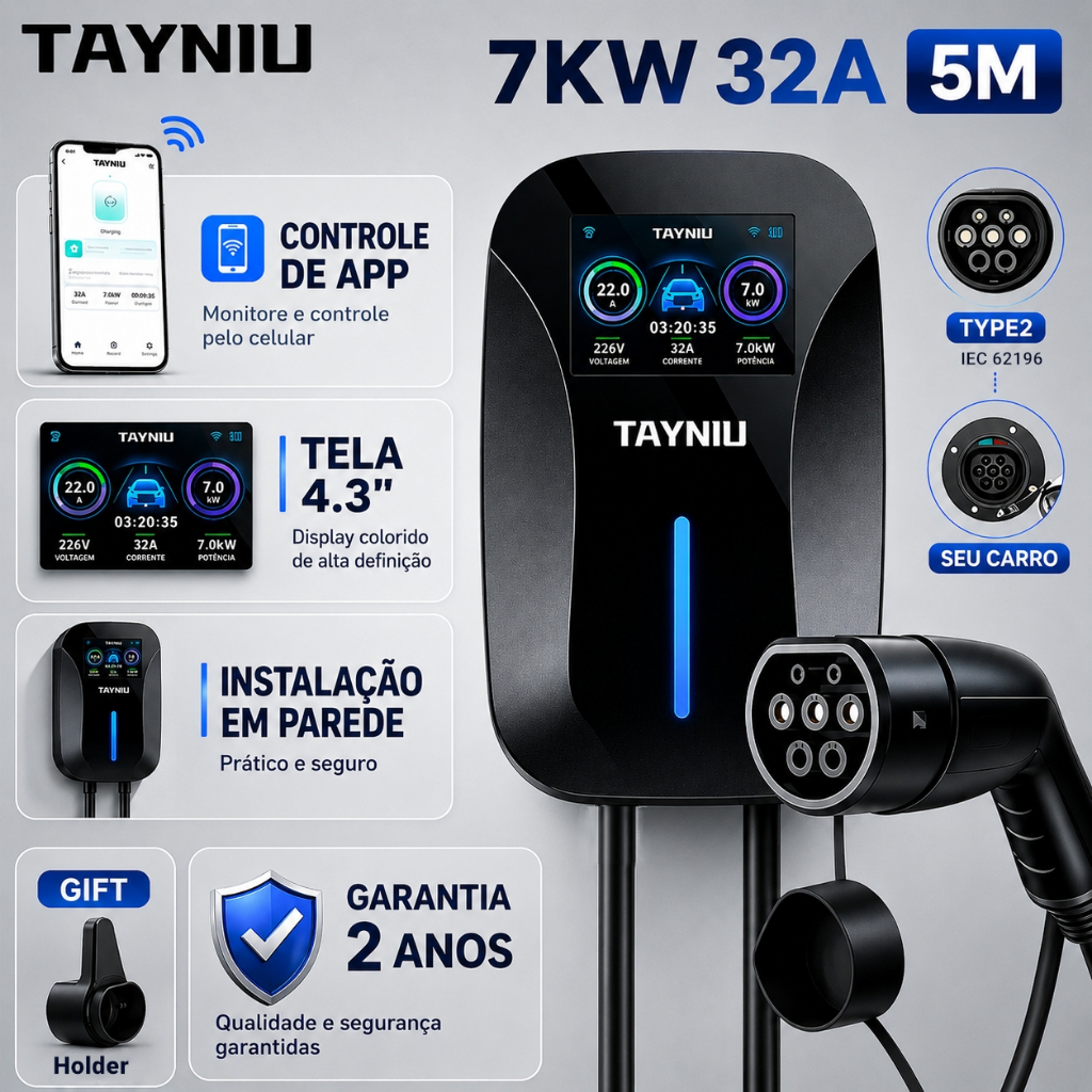 Carregador de Parede para Carro Elétrico TAYNIU 7KW Tipo 2 80V-260V Tela 4.3