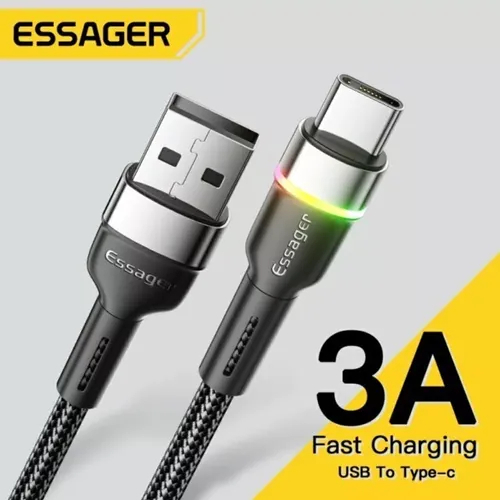Cabo USB A Tipo C 3A Carregamento Rápido Led RGB 1m -  Essager Colorful Light Data Line