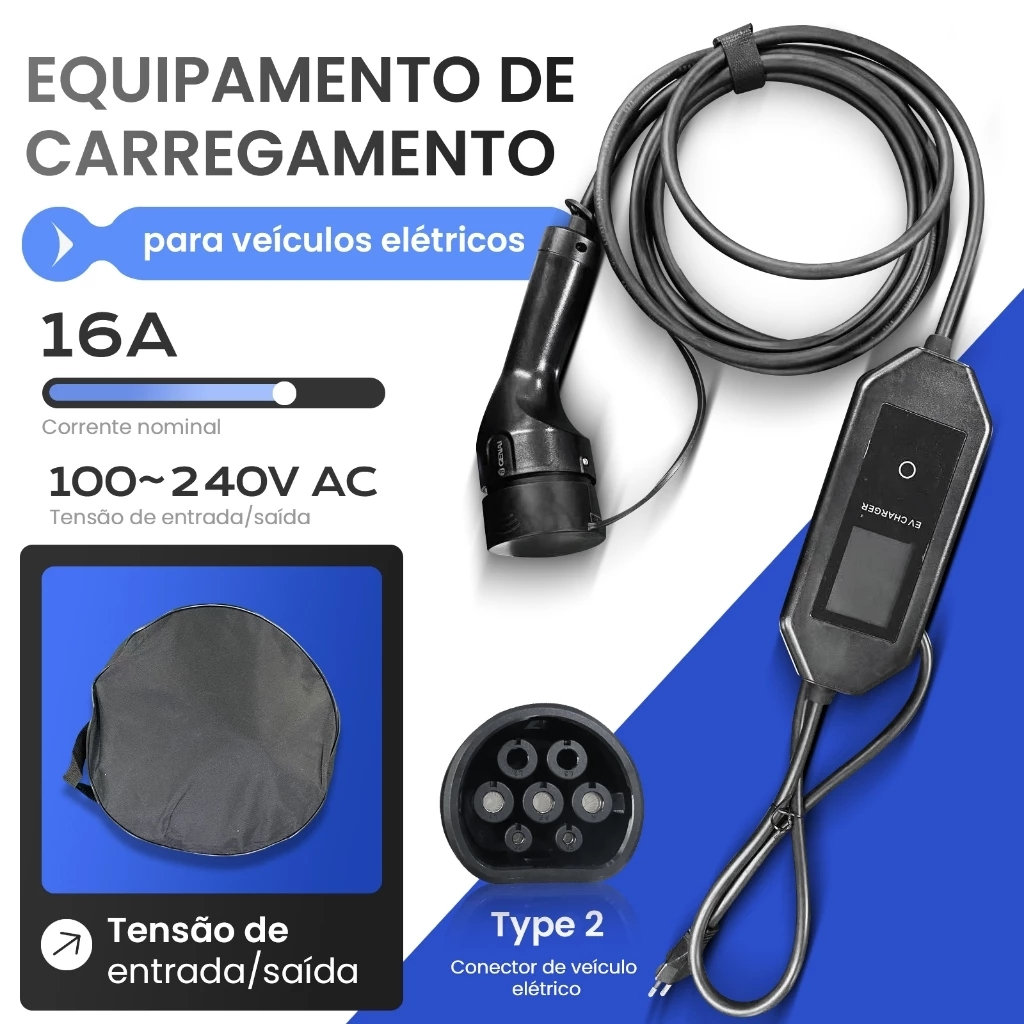 Carregador para Carro Elétrico Portátil Para Tesla Byd 3.5kw 16A IP65 Type 2 Carros Elétricos e Híbridos 100-240V
