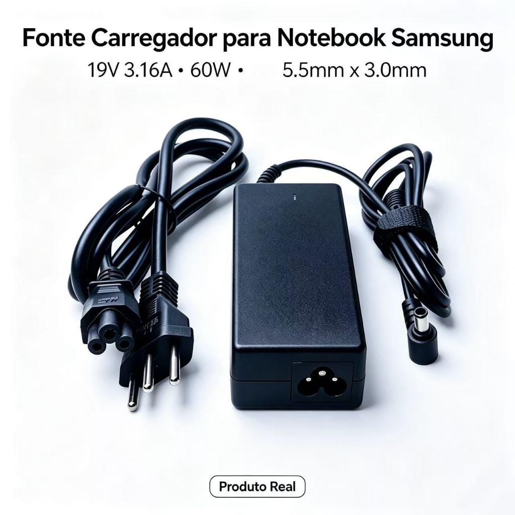 Fonte Carregador Notebook Compatível Samsung NP300E4A‑BD2BR 19V 3.16A 60W Plug 5.5x3.0mm