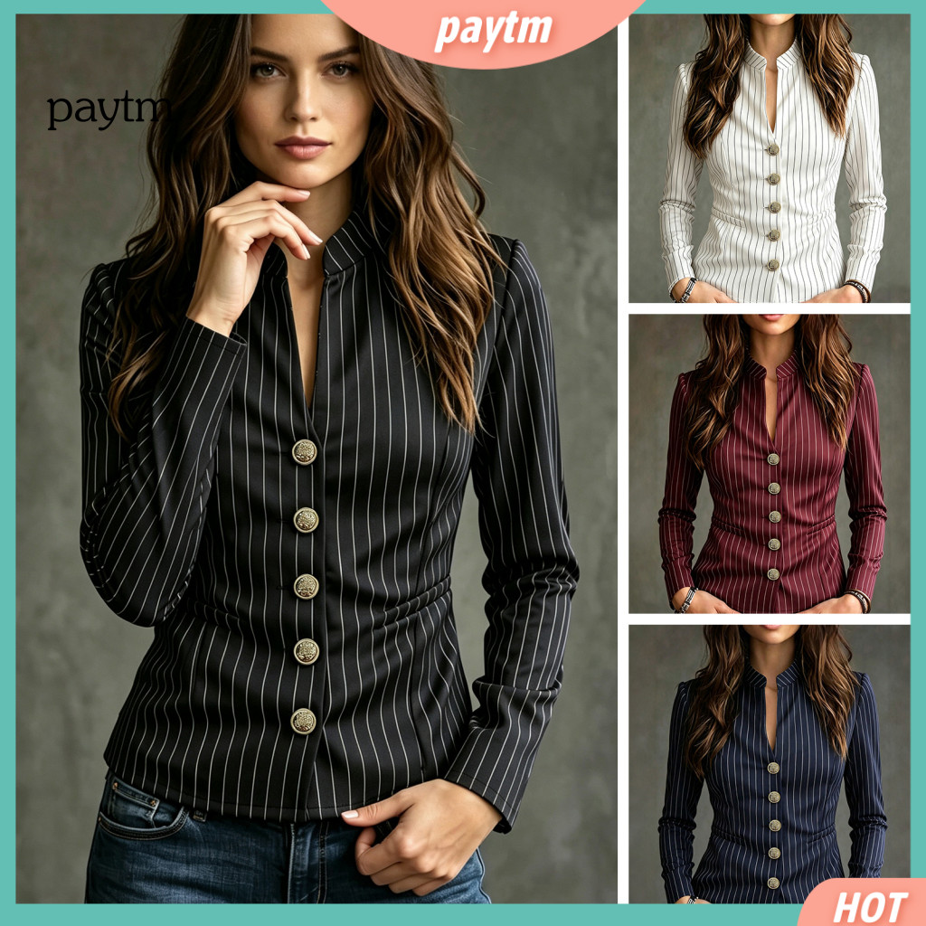 Business Office Wear Women Striped Blazer Women’s Slim Fit Jacket Stand Collar Single-breasted Outerwear Lightweight f
