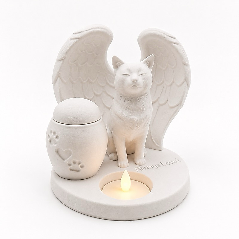 Urna Pet Gato Memorial com Asas | Urna Cinzas Pet Cachorro e Gato Lembrança Eterna Saudade Acompanha Vela Led