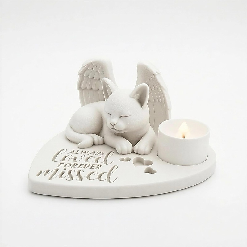 Memorial Pet Gato Anjo com Vela LED | Homenagem para Gatos | Porta Vela Decorativo Lembrança Pet