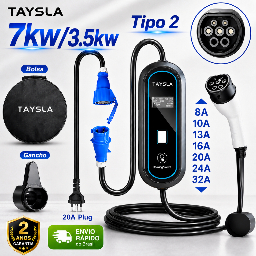 Carregador Portátil TAYSLA 7KW/3.5KW 32A Tipo 2 para Carro Elétrico Com bolsa e gancho Para BYD Dolphin