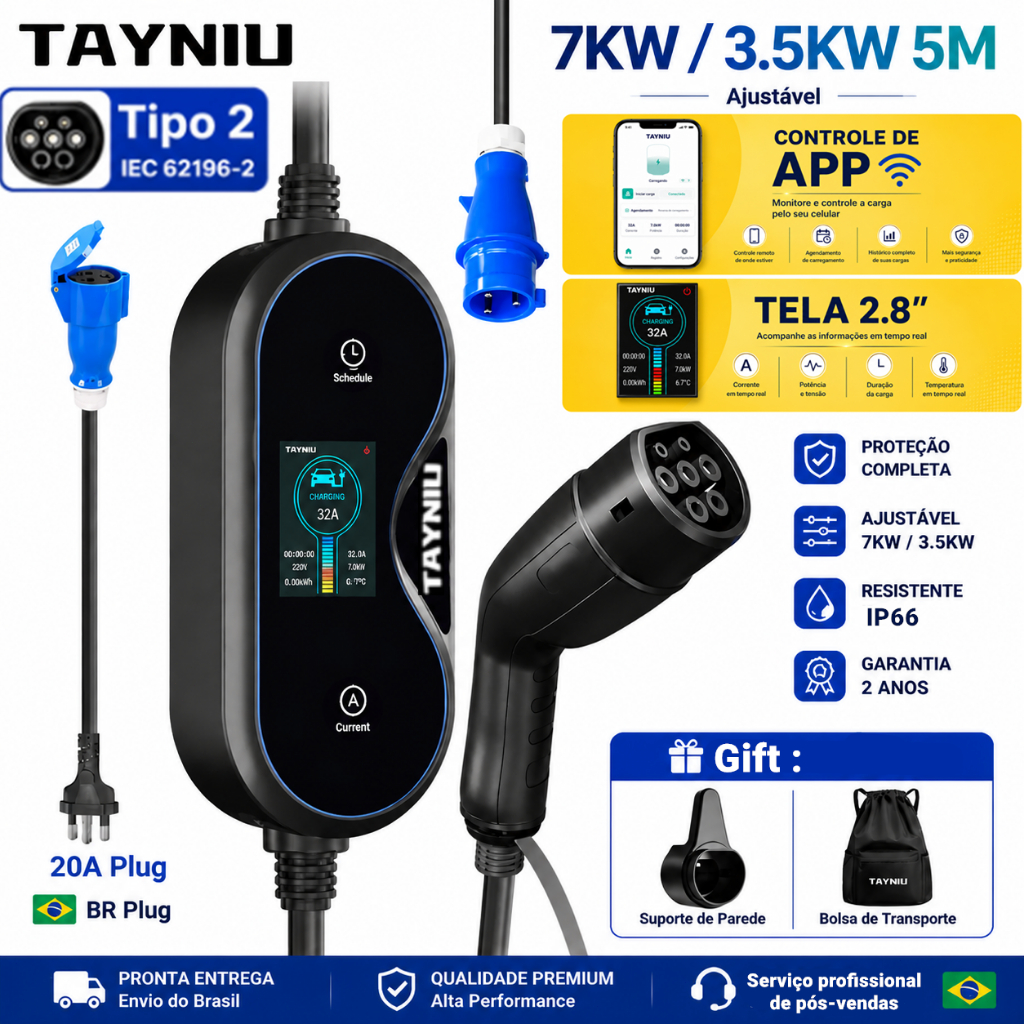TAYNIU Carregador Portátil Bivolt 7KW / 3.5KW 5M Tipo 2 com Tela 2.8