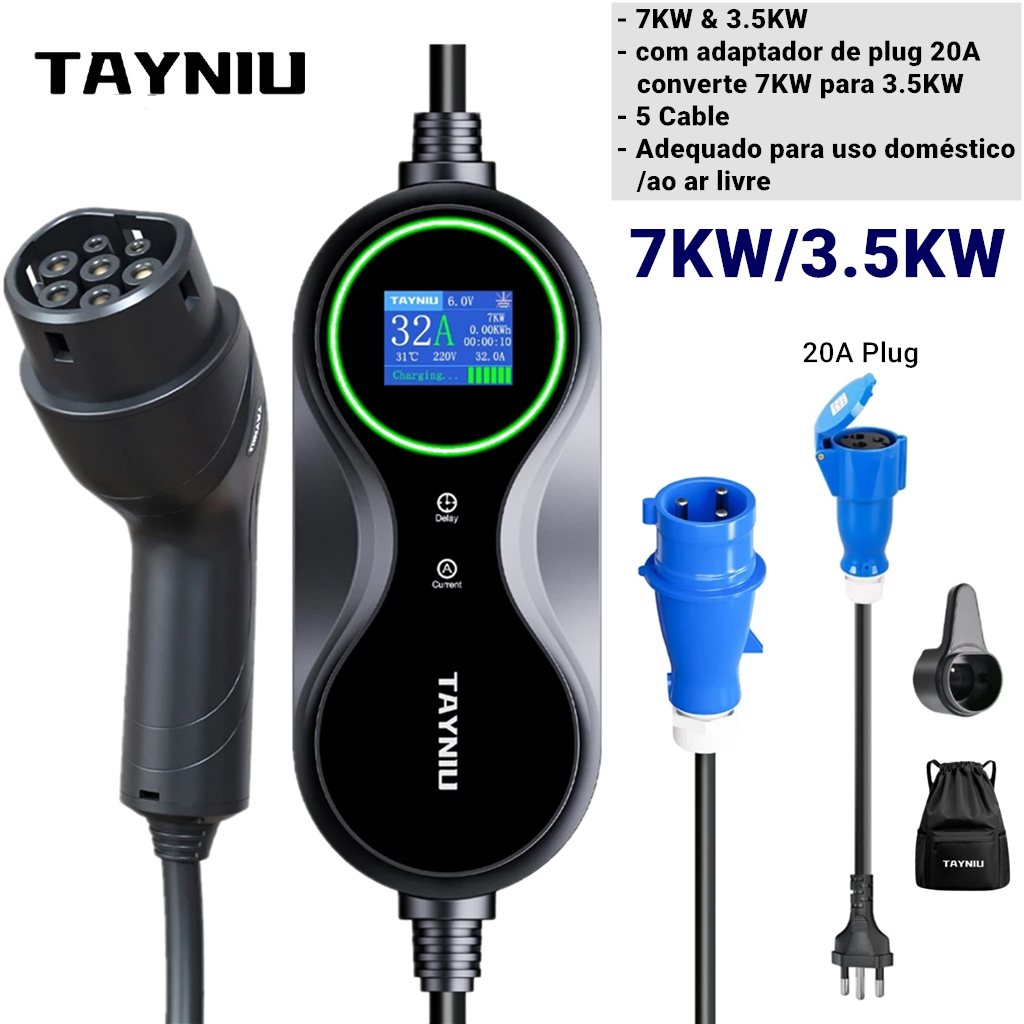 TAYNIU Carregador para Carros Elétricos 7KW Kit com Adaptador 7KW para 3.5KW para veículos elétricos e híbridos