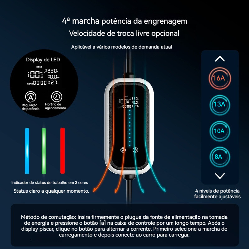 Carregador Veicular Portátil Carro Elétrico EV Type 2 (3.5kW / 7kW) Cabo 5 Metros Bivolt + Bolsa